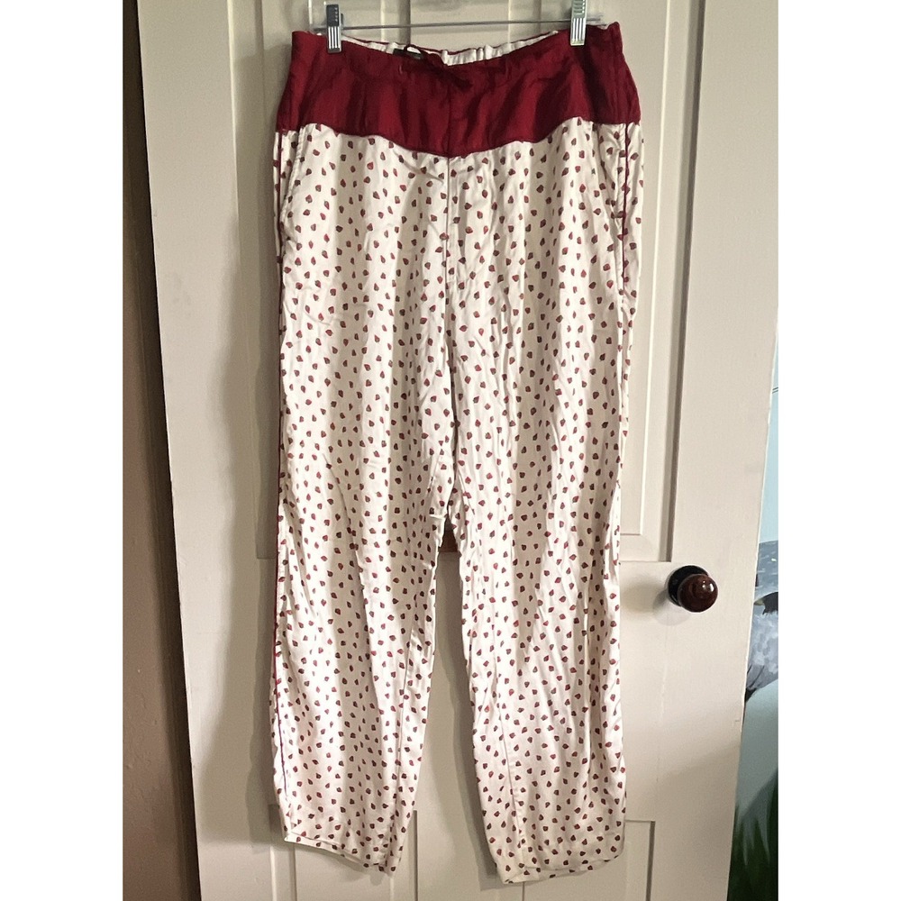 ZARA Women's Strawberry Print Pajama Pants Red White L Cotton Satin 28"